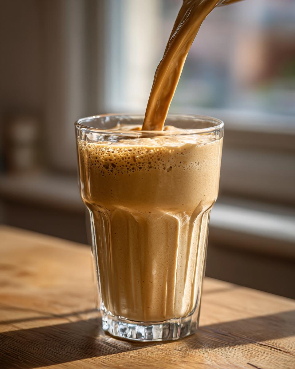 A thick, creamy banana smoothie being poured into a tall glass on a wooden table.