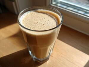 A tall glass filled with a creamy, light brown banana smoothie, sitting on a wooden surface near a window.