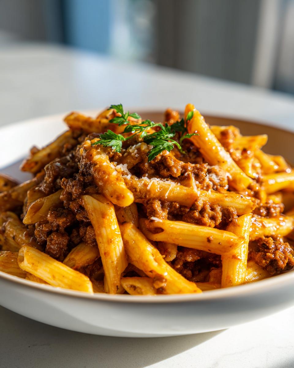 A close-up shot of a bowl filled with creamy beef pasta featuring penne noodles coated in rich sauce and topped with parsley.