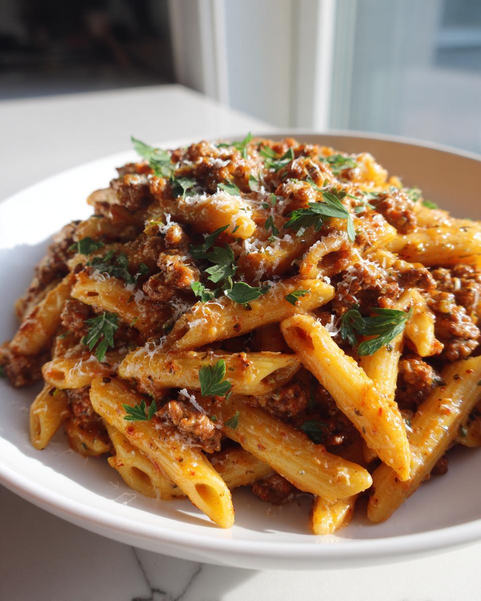 A close-up of a bowl of creamy beef pasta made with penne, topped with ground beef sauce, grated Parmesan, and fresh parsley.