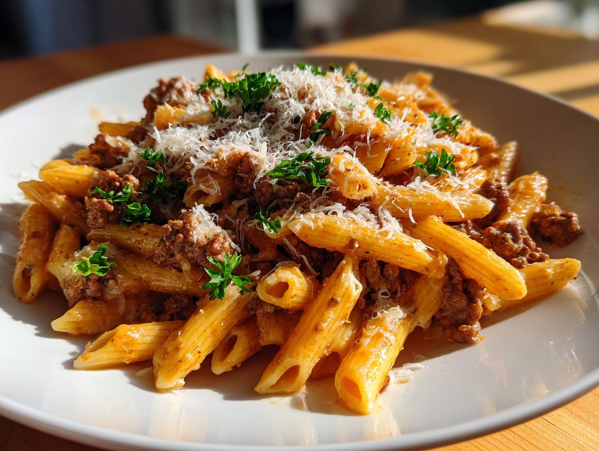 A close-up of a serving of creamy beef pasta featuring penne, rich meat sauce, grated parmesan, and fresh parsley.