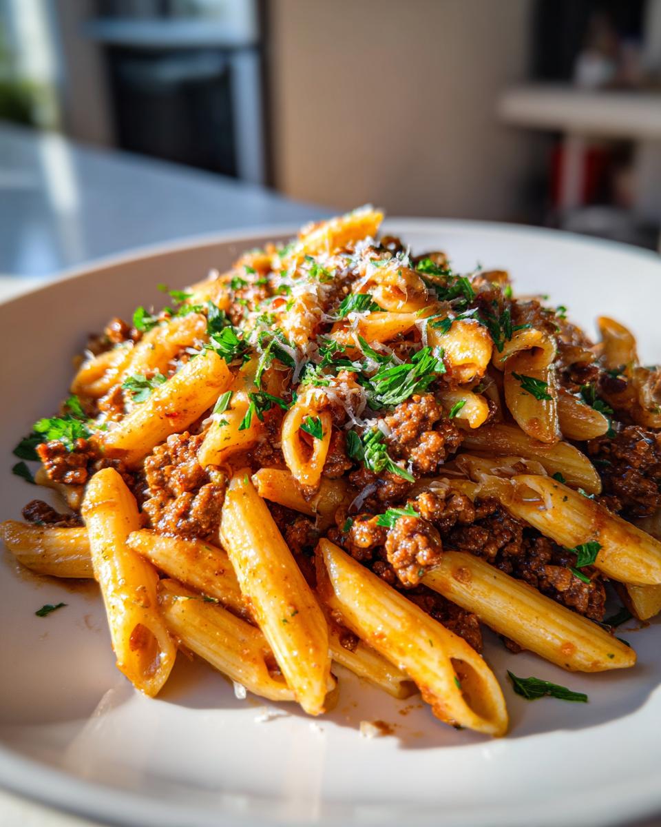 Close-up of a bowl of creamy beef pasta featuring penne mixed with rich meat sauce, topped with fresh parsley and grated Parmesan cheese.
