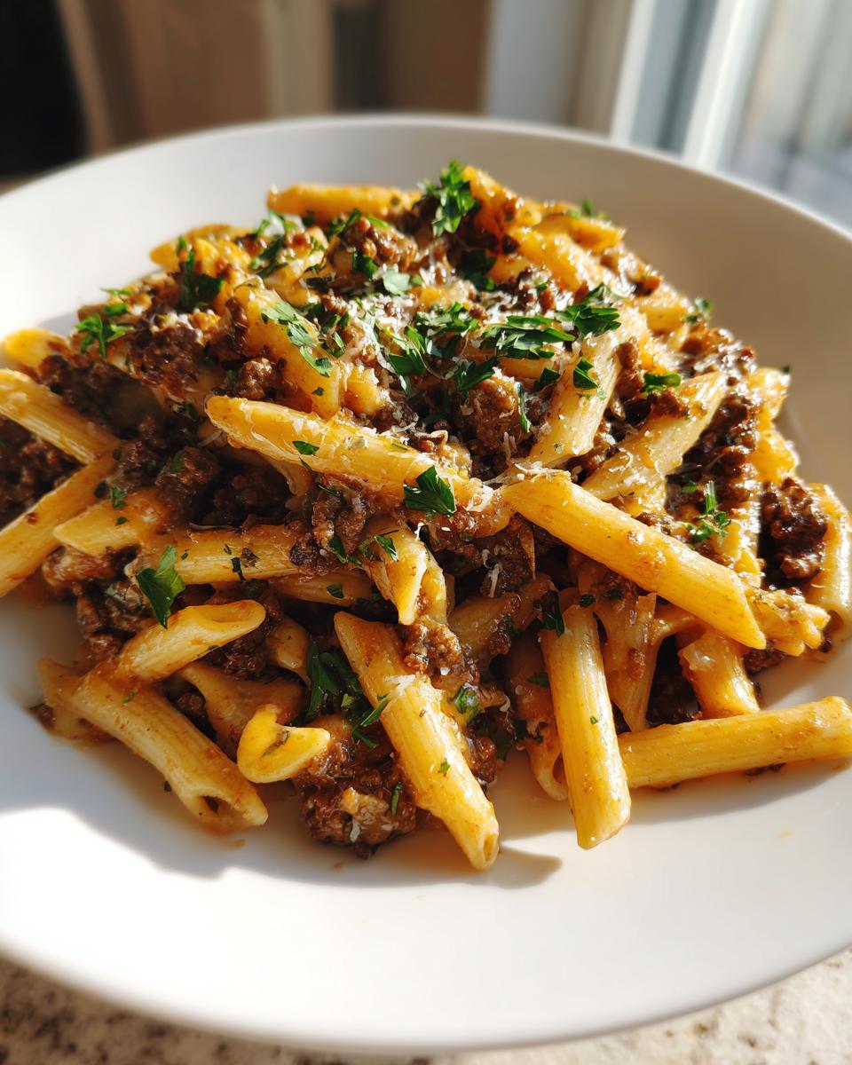 A close-up of a white bowl filled with creamy beef pasta (penne) topped with ground beef sauce, grated cheese, and fresh parsley.