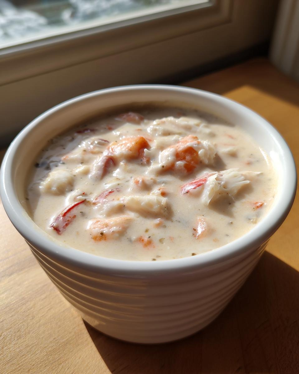 A close-up of a white bowl filled with rich, creamy crab soup featuring visible chunks of white and orange crab meat.