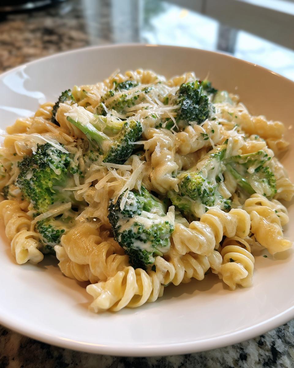 A close-up of creamy broccoli pasta made with fusilli noodles, bright green broccoli florets, and topped with shredded Parmesan cheese.