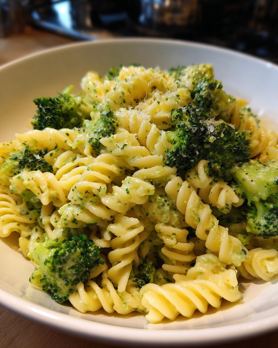 A close-up view of creamy broccoli pasta made with fusilli noodles, topped with grated cheese.