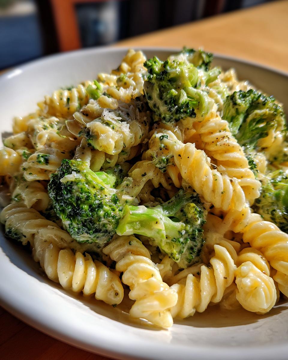 A close-up shot of creamy broccoli pasta made with fusilli noodles and topped with Parmesan cheese.