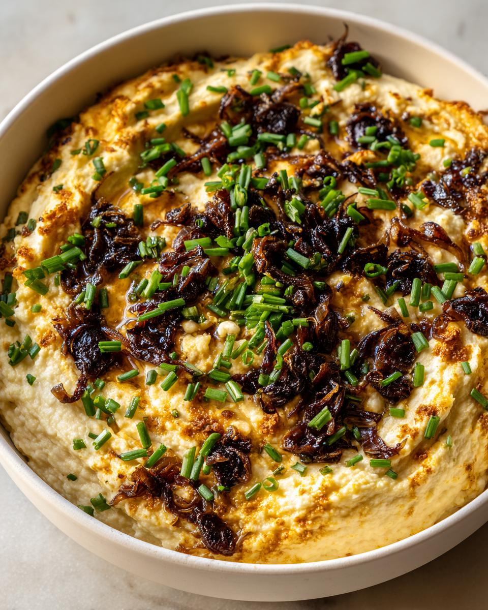 Close-up of a creamy caramelized onion dip topped generously with dark caramelized onions and fresh green chives.