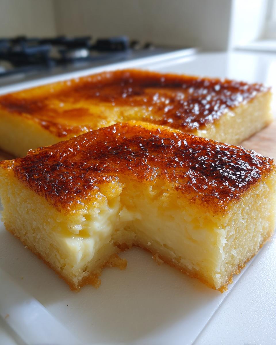A square slice of rich cassava cake showing a creamy interior and a deeply caramelized, brûléed top.
