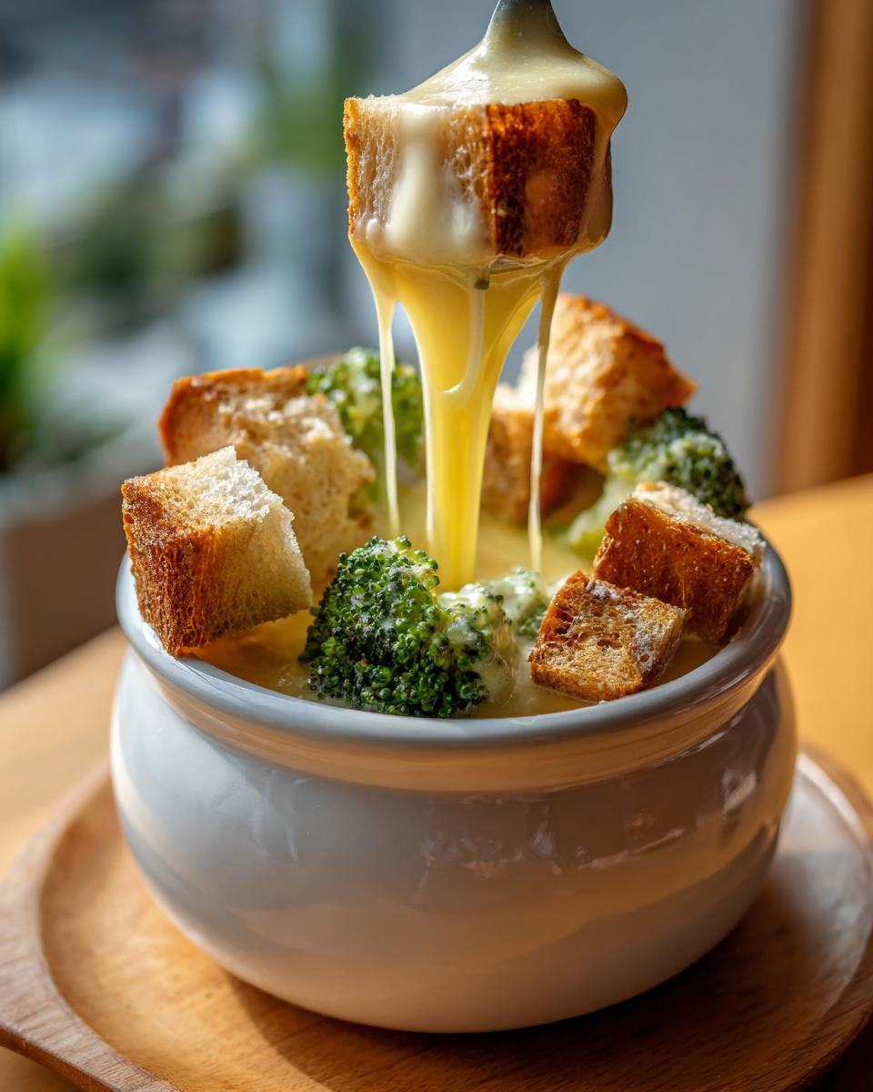 A piece of toasted bread is lifted from a bowl of creamy cheese fondue recipe, dripping with melted cheese over broccoli florets.