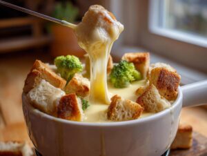 A piece of bread is being dipped into a pot of creamy cheese fondue recipe, showing a long cheese pull.