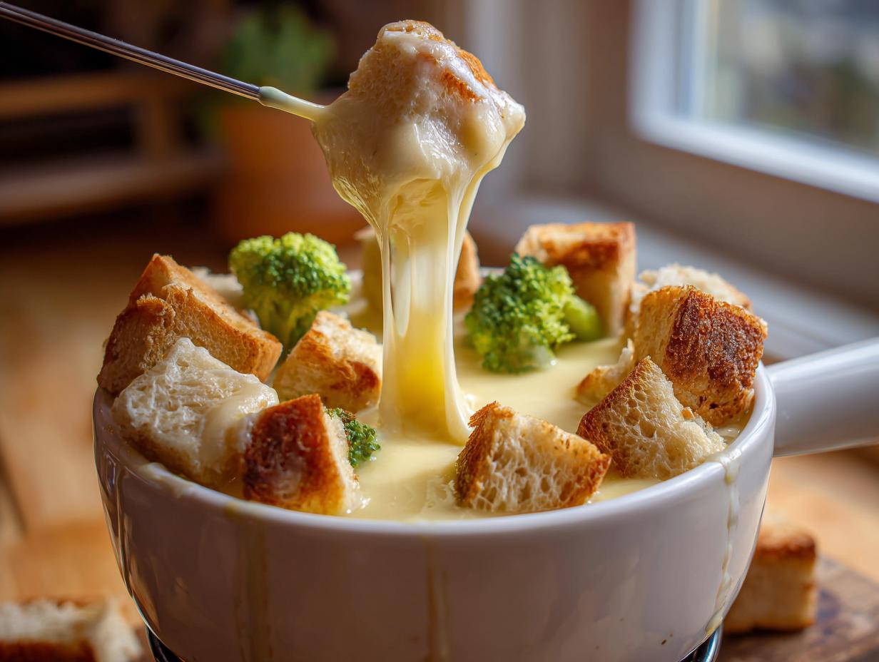 A piece of bread is being dipped into a pot of creamy cheese fondue recipe, showing a long cheese pull.