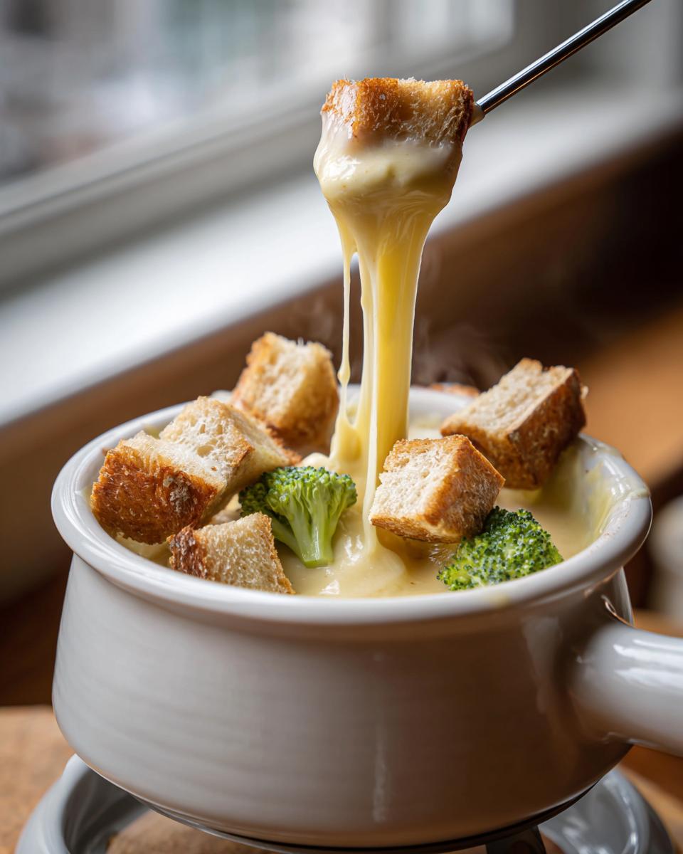 A piece of bread is dipped into a pot of hot, stretchy cheese fondue recipe, surrounded by other bread cubes and broccoli florets.