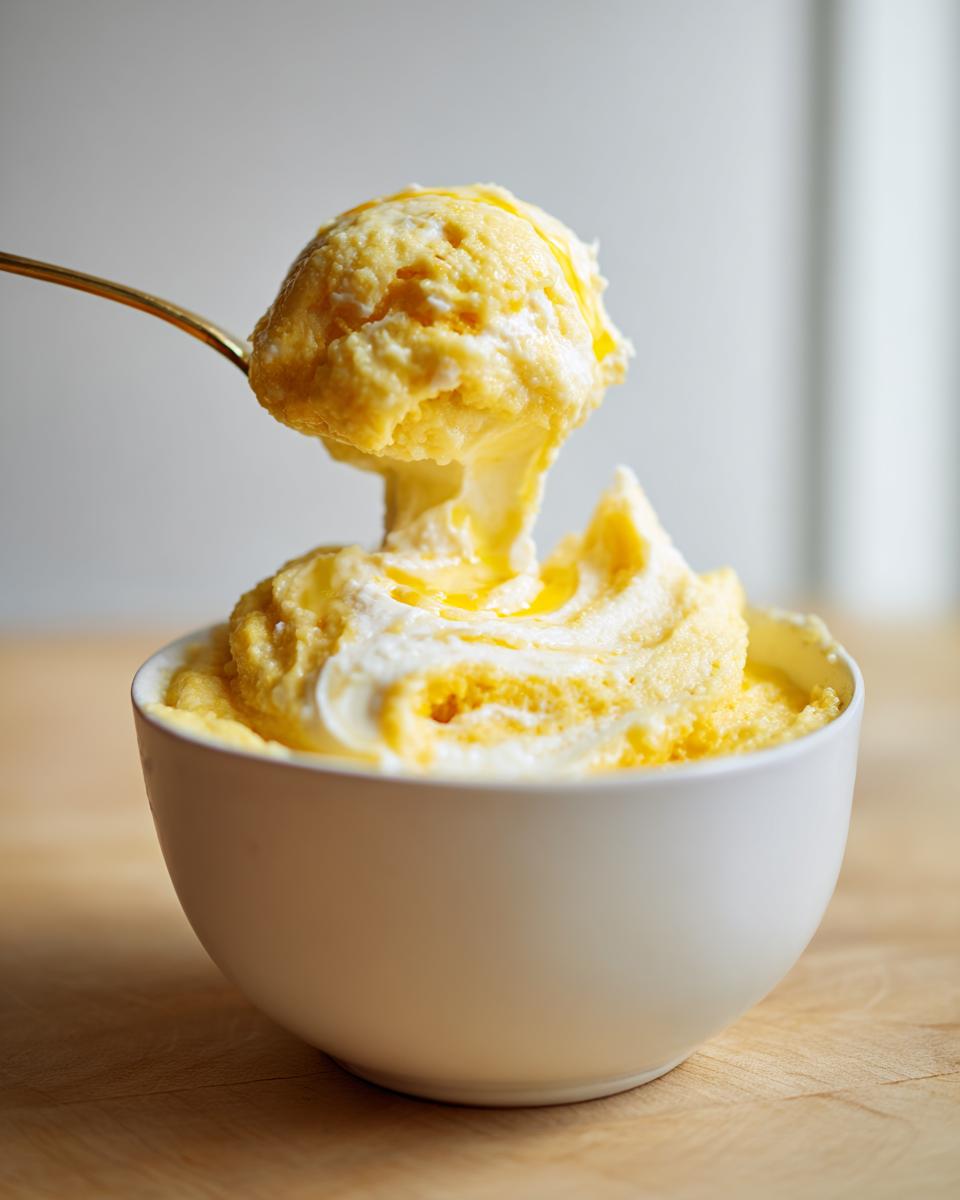 A spoonful of creamy, yellow cheese grits being lifted from a white bowl, showing melted cheese stretch.