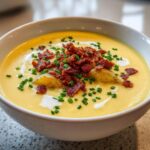 A close-up of a bowl of rich, yellow cheese soup topped with crispy bacon bits, chives, and dollops of cream.