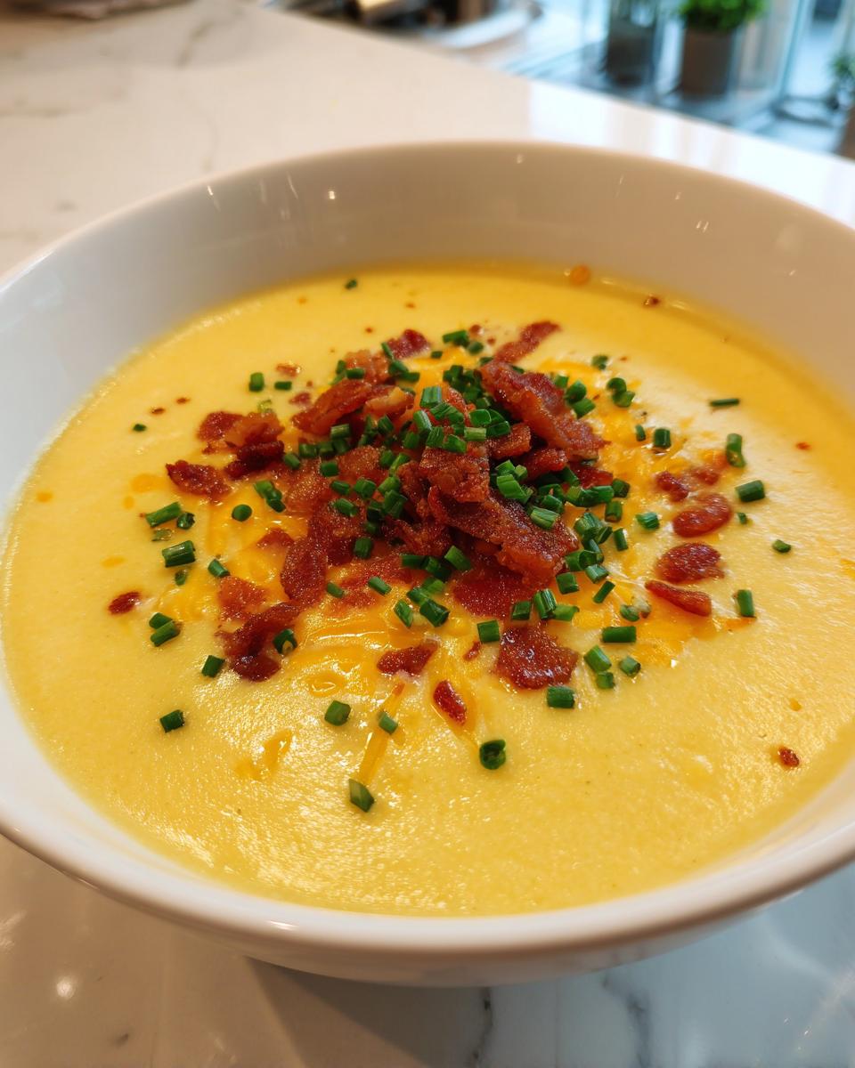 Close-up of a creamy yellow cheese soup topped generously with crispy bacon bits and fresh green chives.
