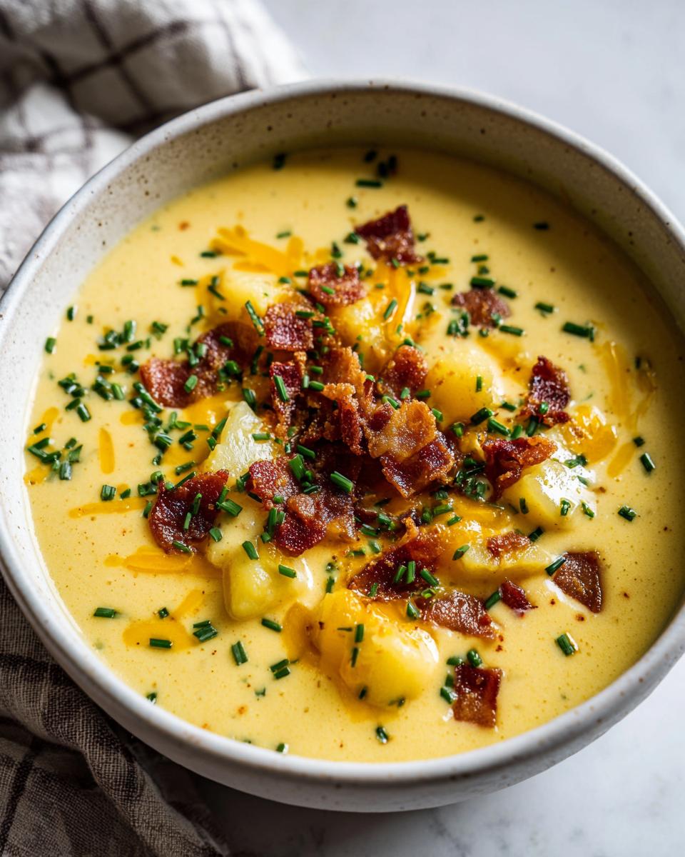 A close-up of creamy, yellow cheese soup topped with chunks of potato, crispy bacon bits, and fresh chives.