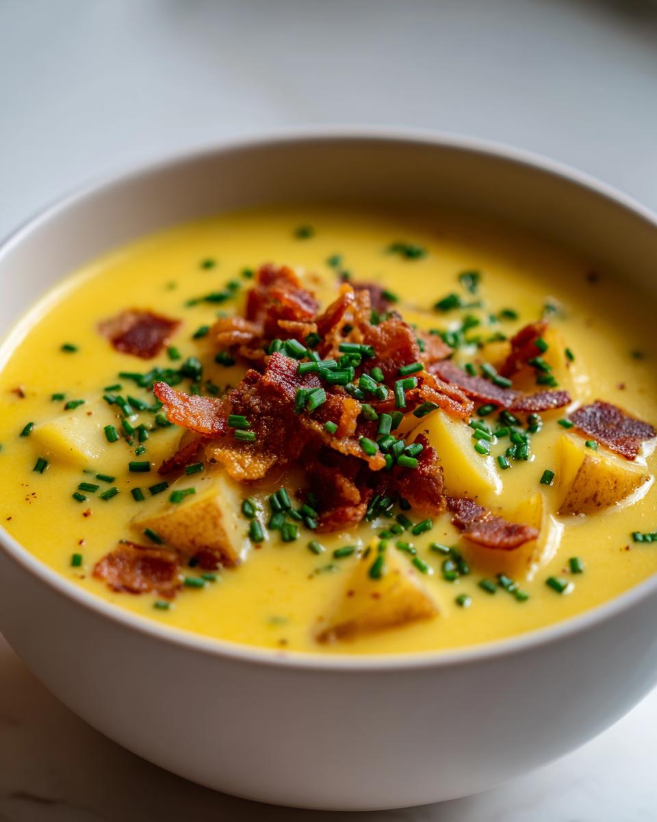 Close-up of a bowl of rich yellow cheese soup loaded with potato chunks, crispy bacon bits, and fresh chives.