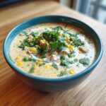 A close-up of a creamy white chicken chili recipe, topped generously with fresh cilantro and corn kernels.