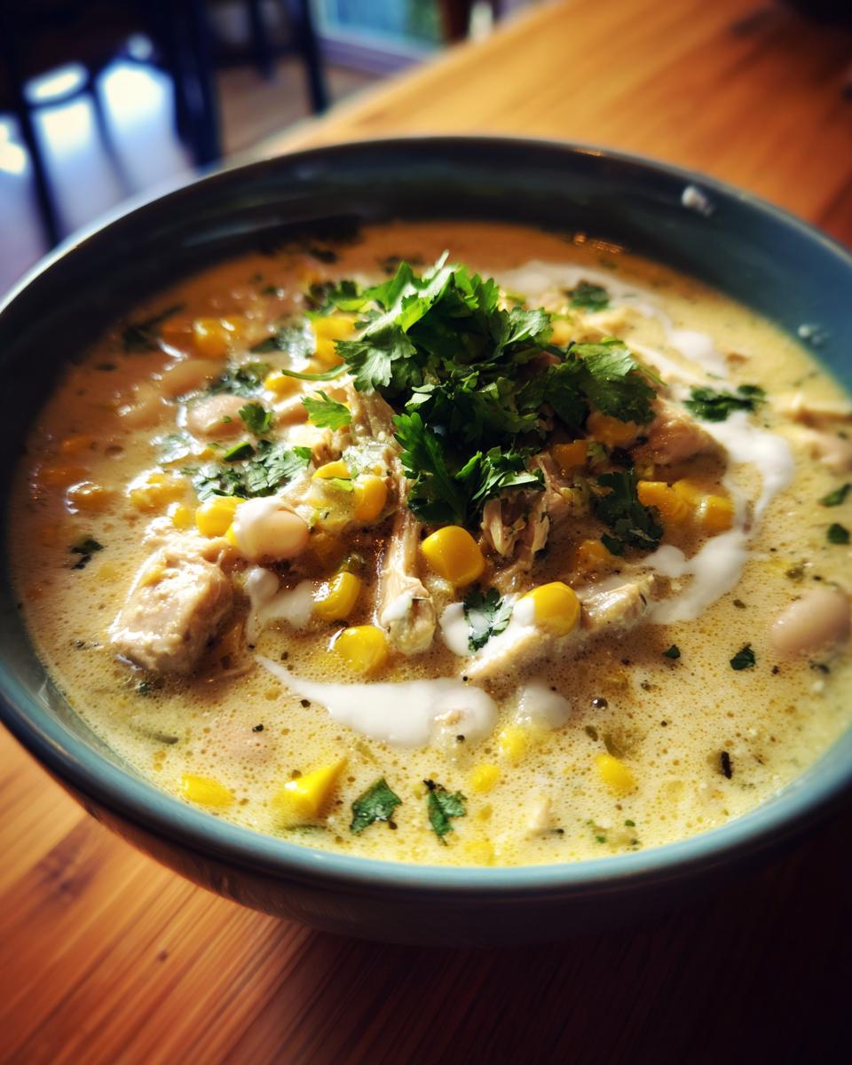 Close-up of a creamy white chicken chili recipe bowl, topped with corn, white beans, and fresh cilantro.