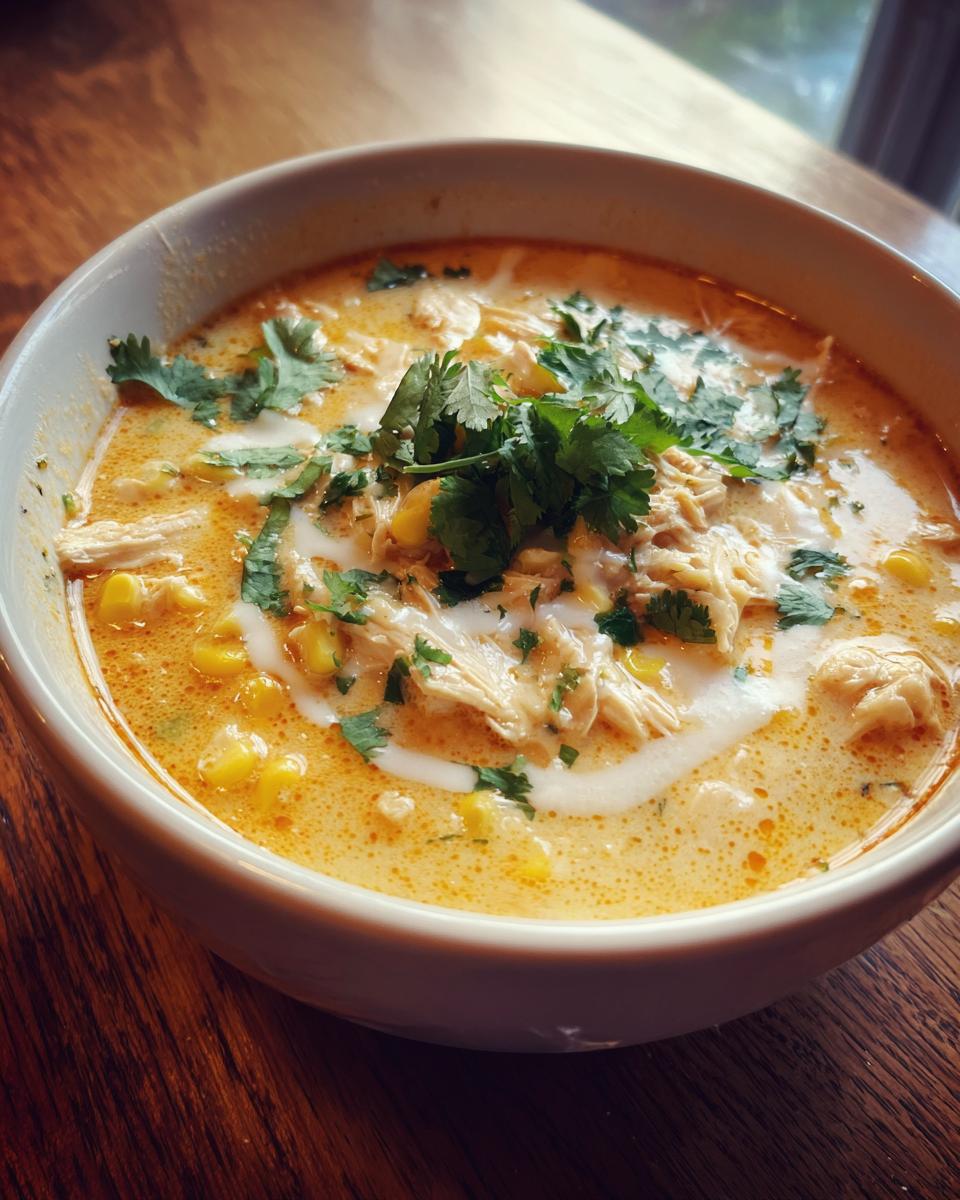 A close-up of a creamy white chicken chili recipe, topped with cilantro and a swirl of cream.