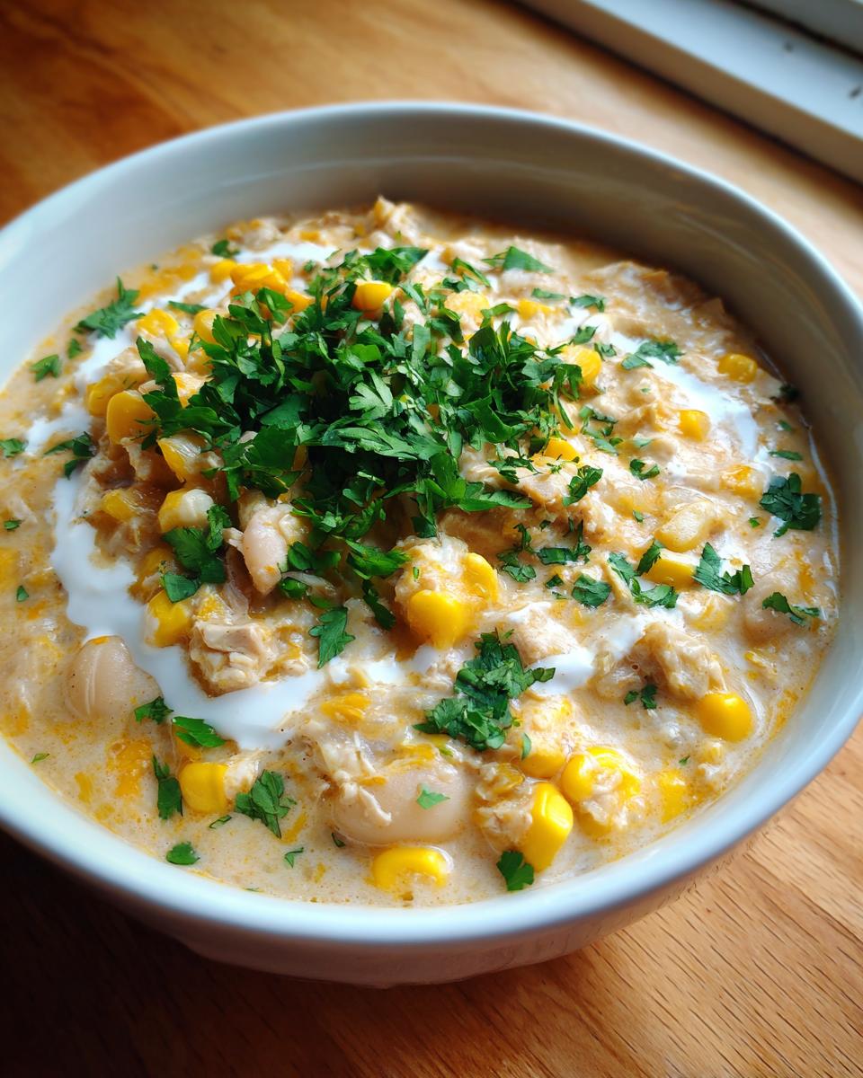 A close-up of a creamy white chicken chili recipe topped with corn, sour cream, and fresh parsley.