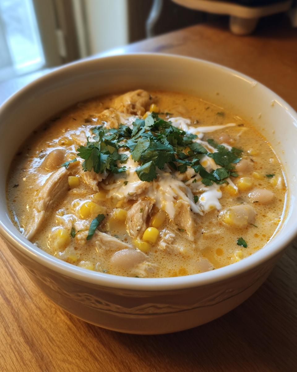 A close-up of a creamy white chicken chili recipe topped with sour cream and fresh cilantro.