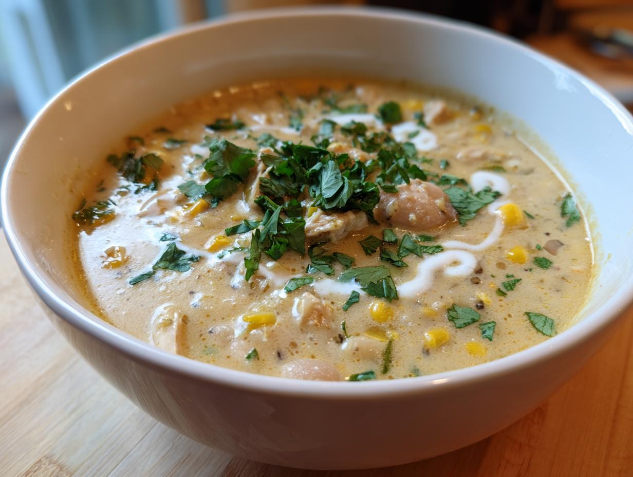 Close-up of a creamy white chicken chili recipe, garnished with fresh cilantro and a swirl of sour cream.