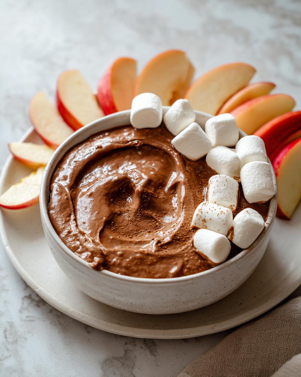 A bowl of rich, creamy chocolate dip topped with mini marshmallows and served with fresh apple slices.