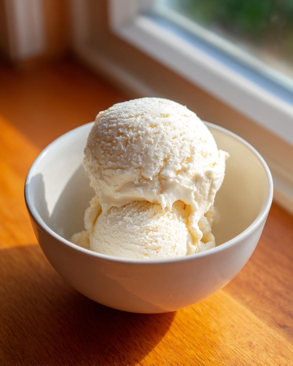 Two scoops of creamy white cottage cheese ice cream served in a white bowl on a sunny wooden surface.