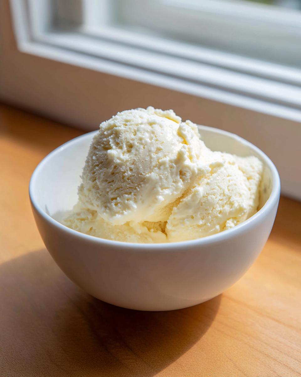 Two scoops of creamy, pale yellow cottage cheese ice cream served in a small white bowl.