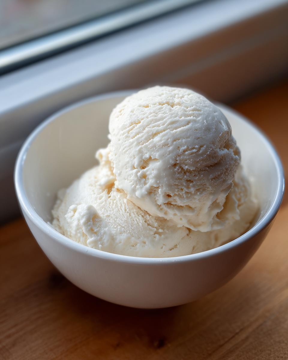 Two generous scoops of creamy, white cottage cheese ice cream served in a small white bowl.
