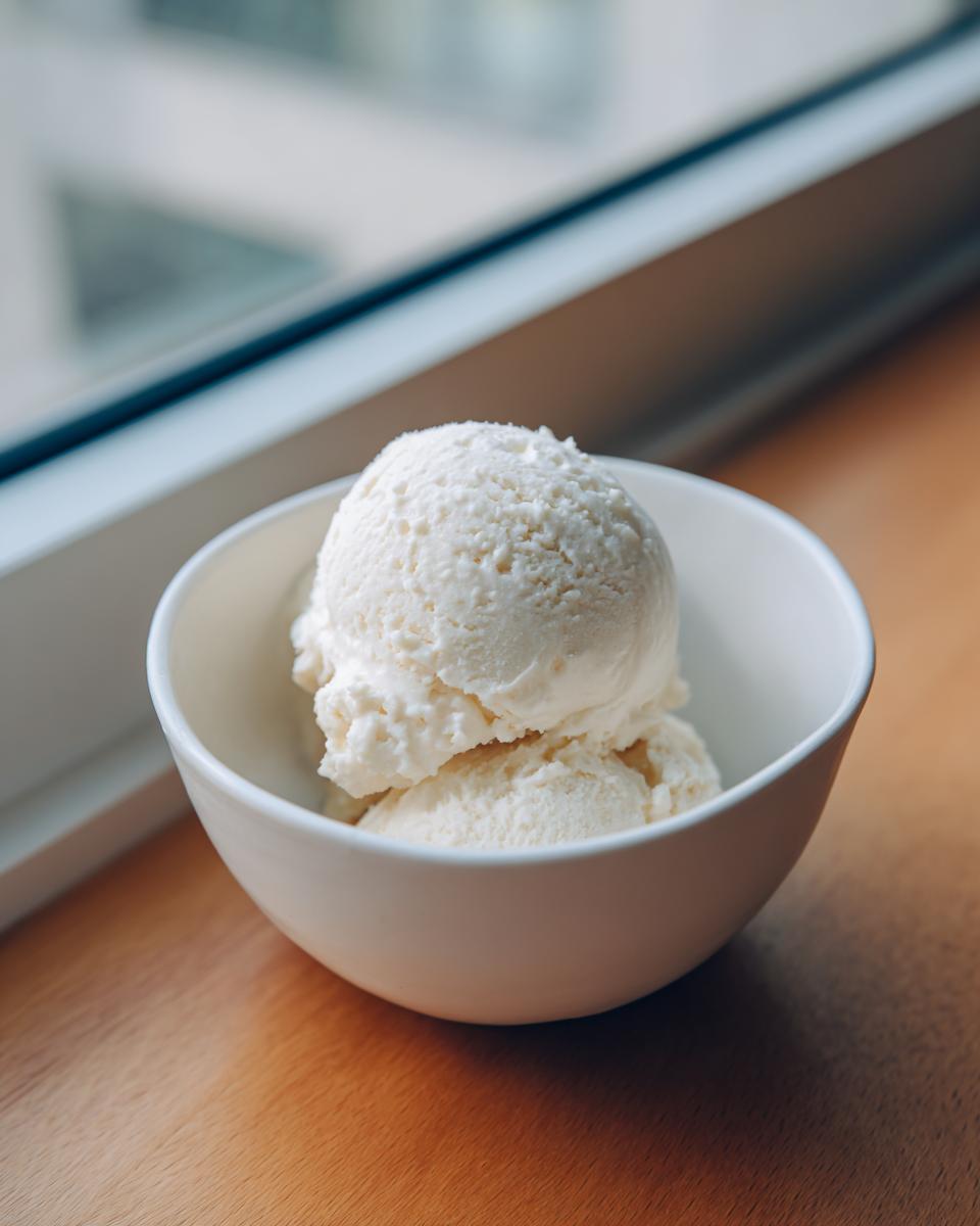 Two scoops of creamy, white cottage cheese ice cream served in a small white bowl.