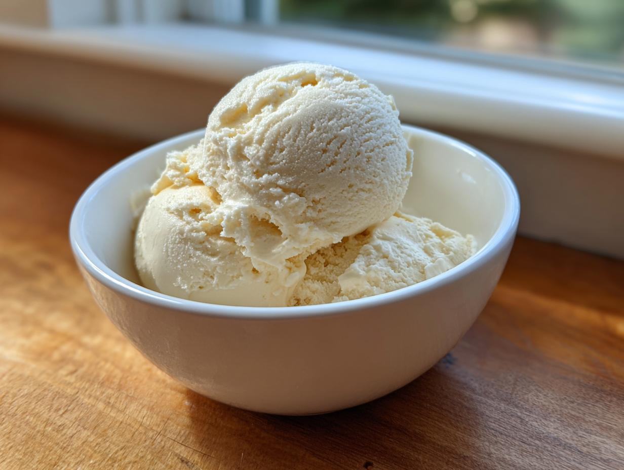 Two scoops of creamy, light-colored cottage cheese ice cream served in a small white bowl.