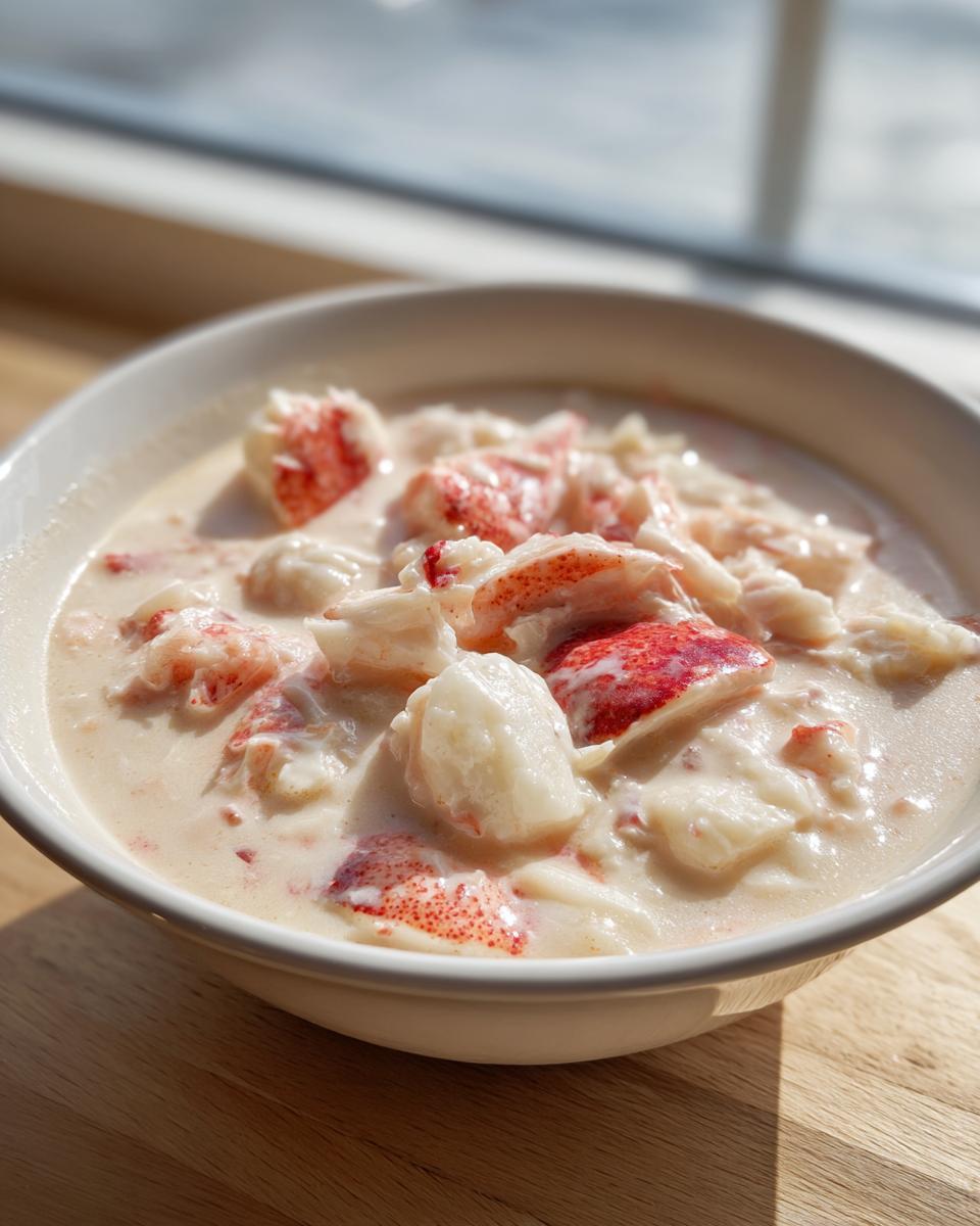 Close-up of a bowl of rich, creamy crab soup generously topped with large pieces of white and red crab meat.