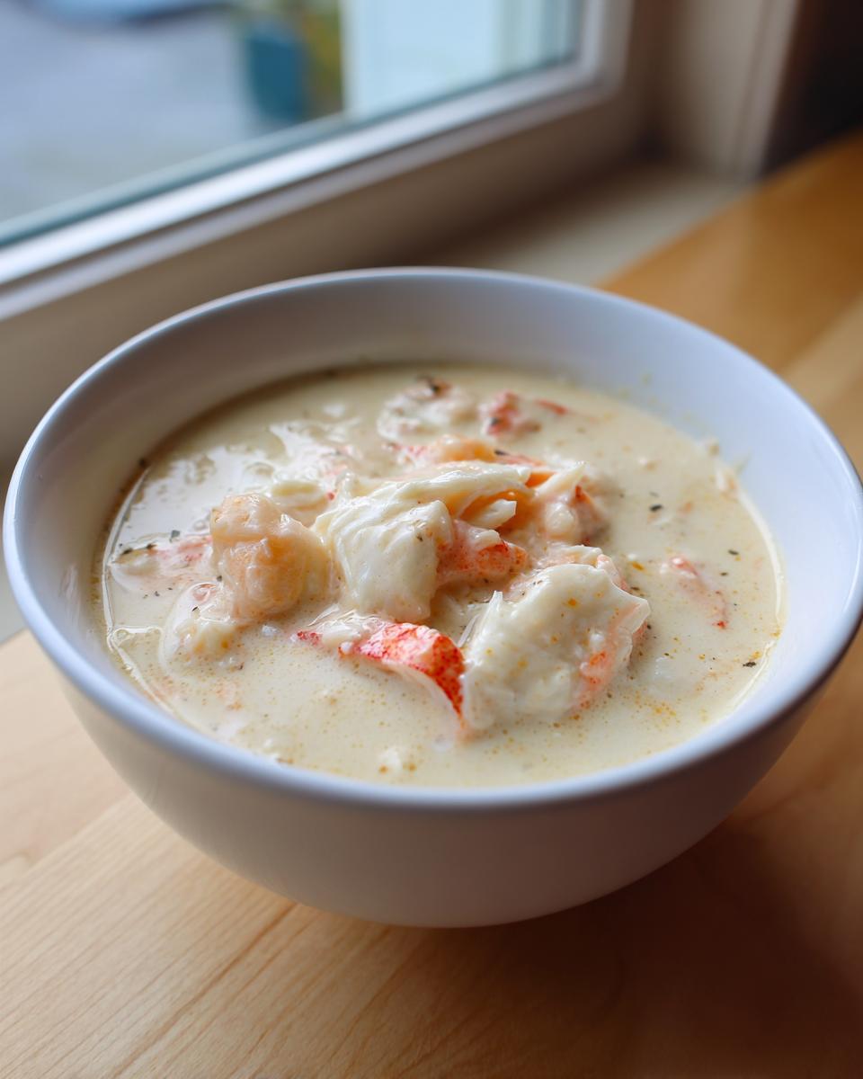 A white bowl filled with rich, creamy crab soup topped with visible chunks of white and red crab meat.