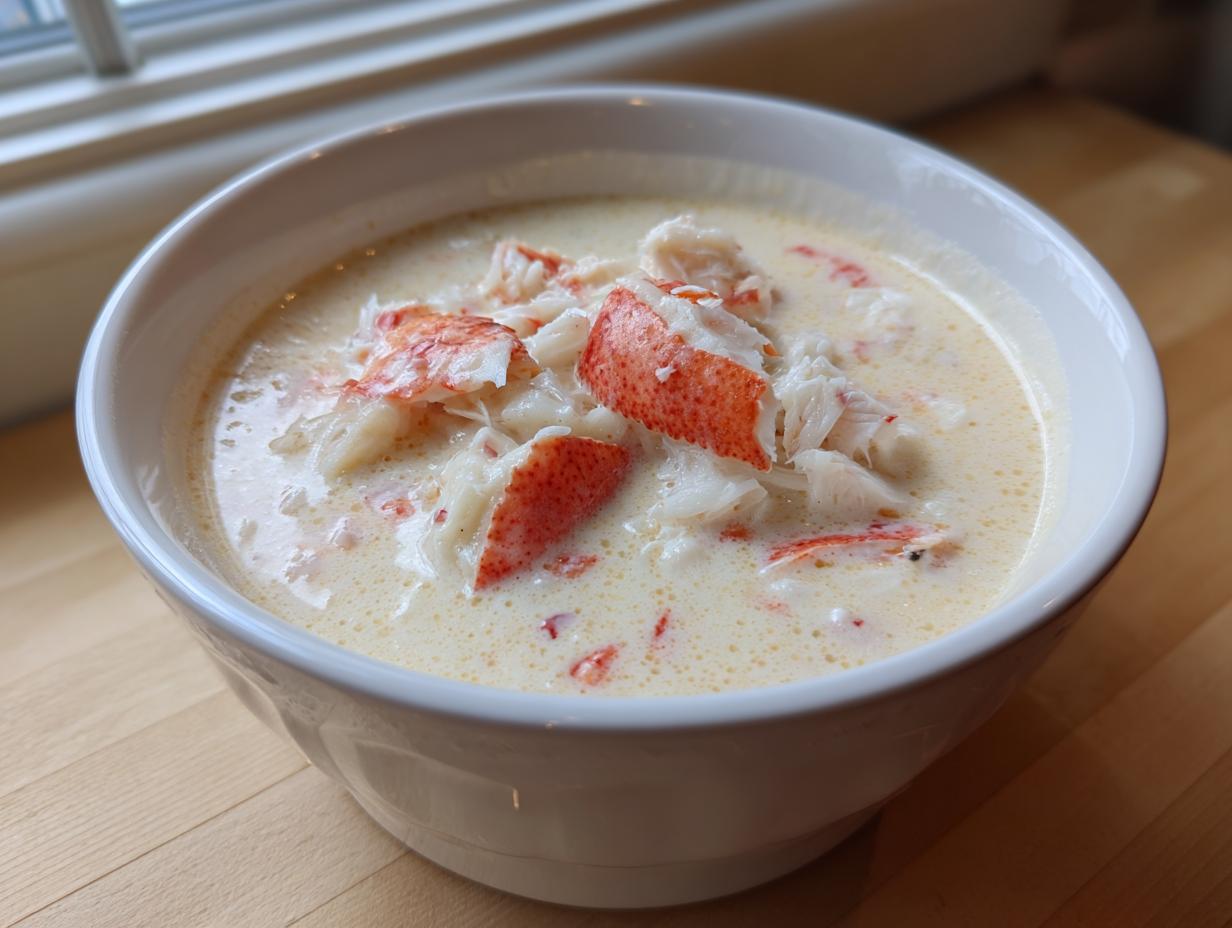A white bowl filled with rich, creamy crab soup, generously topped with large chunks of white and red crab meat.