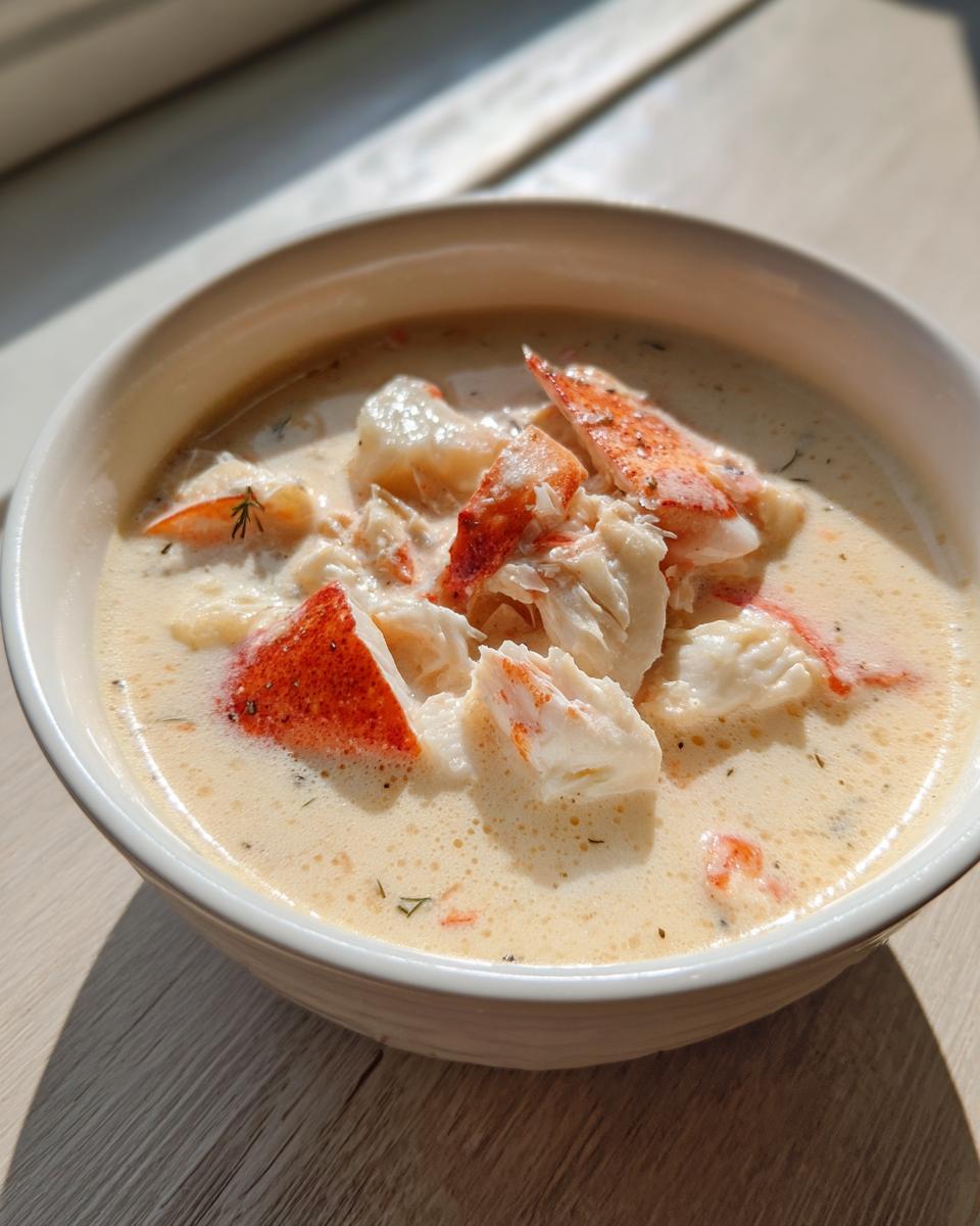 Close-up of a creamy, rich crab soup bowl generously topped with large chunks of white and red crab meat.