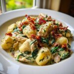 A close-up of creamy crack chicken gnocchi mixed with spinach and topped with crispy bacon bits in a white bowl.