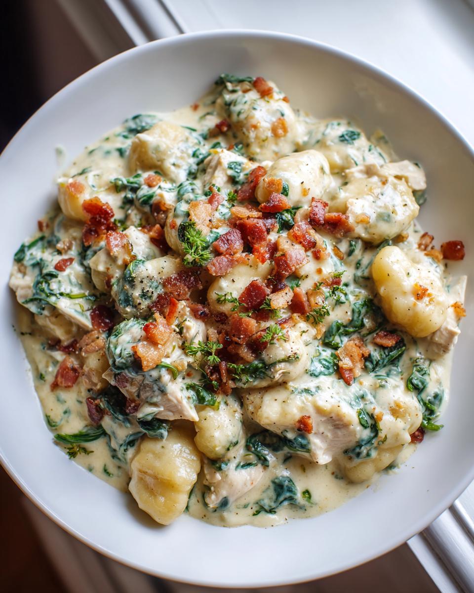 A close-up of creamy crack chicken gnocchi mixed with spinach and topped generously with crumbled bacon.