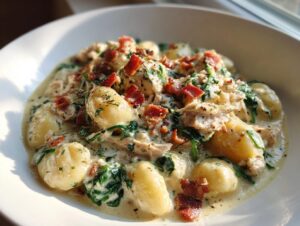A close-up of creamy crack chicken gnocchi mixed with spinach and topped with crispy bacon bits.