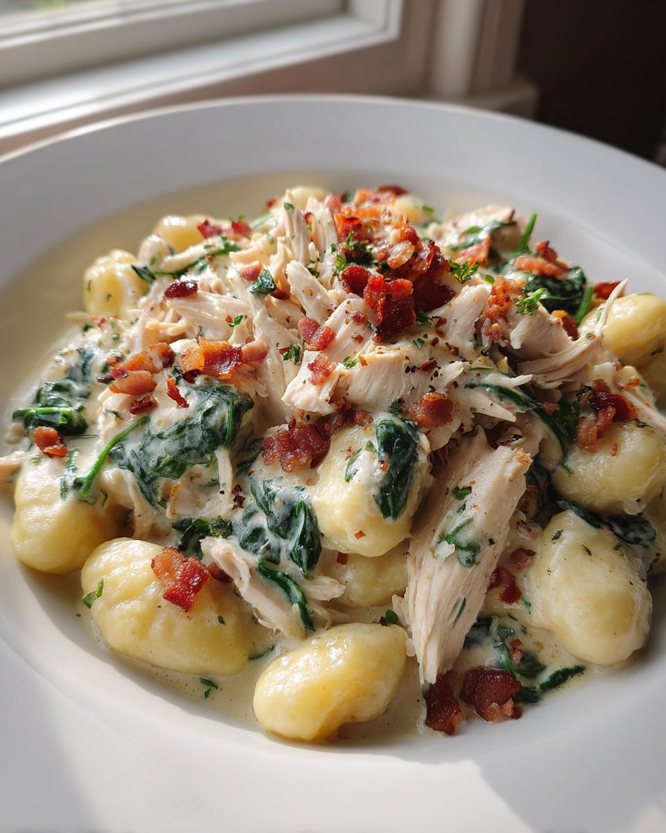 A close-up of creamy crack chicken gnocchi, topped with shredded chicken, spinach, and crispy bacon bits.