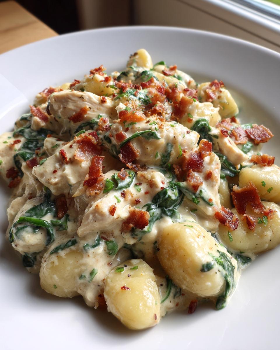 A close-up of creamy crack chicken gnocchi mixed with spinach and topped generously with crumbled bacon.
