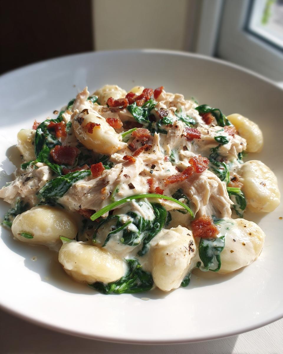 A close-up shot of creamy crack chicken gnocchi mixed with wilted spinach and topped with crispy bacon bits in a white bowl.