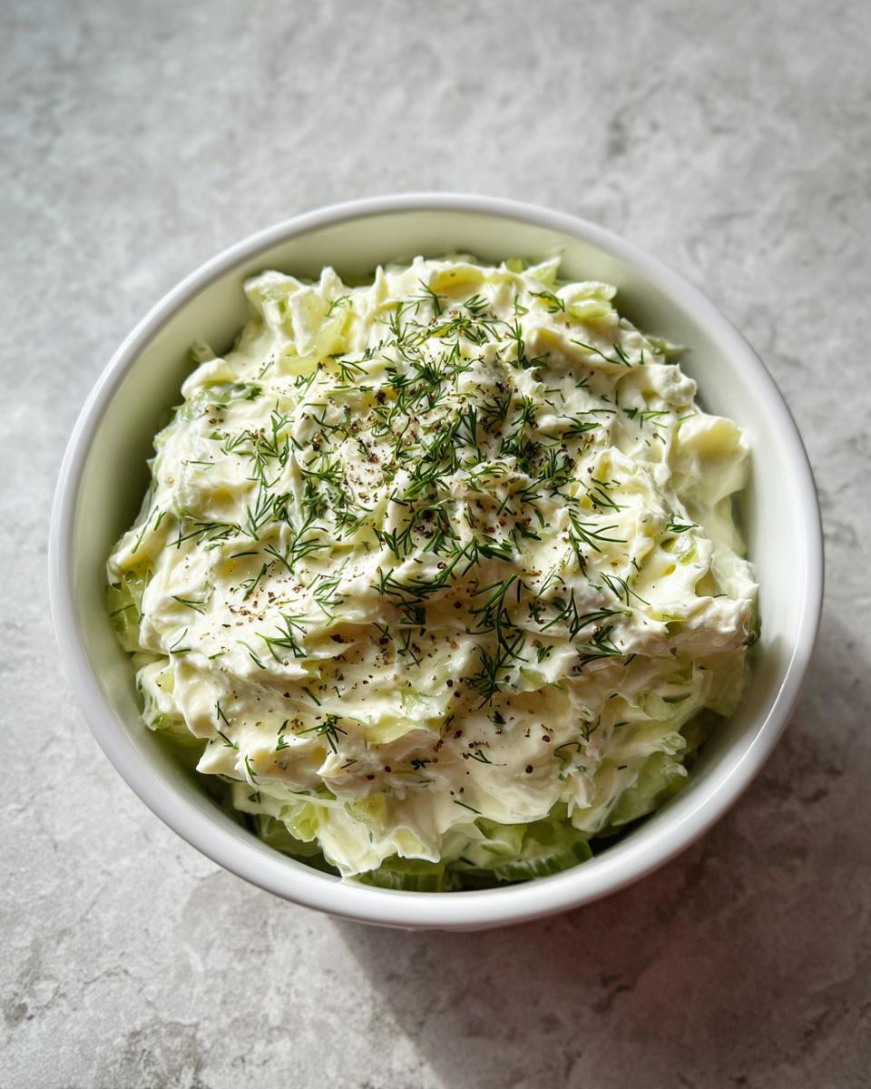 A white bowl filled with creamy dill pickle dip, topped generously with fresh dill and cracked black pepper.