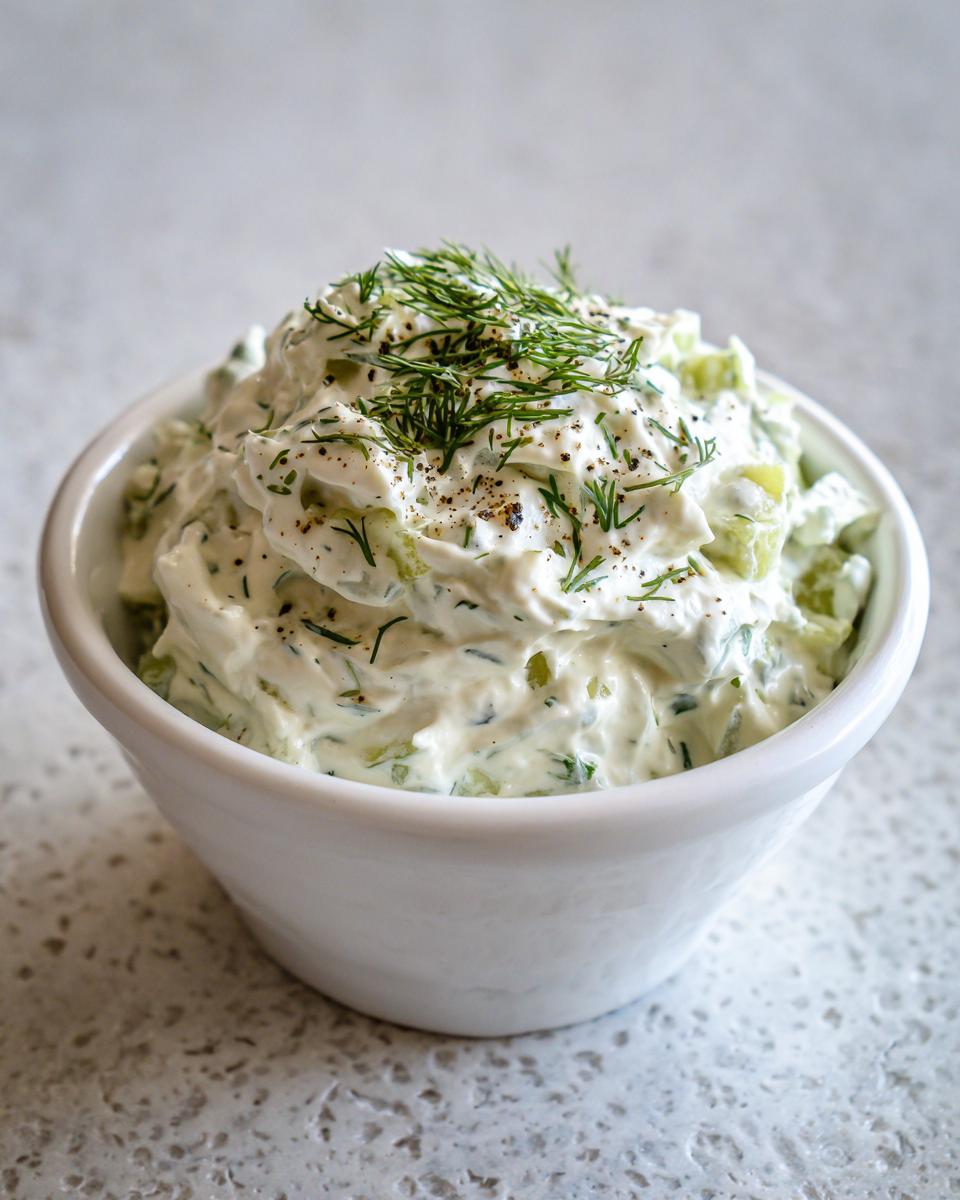 A white bowl filled with creamy dill pickle dip, garnished with fresh dill and black pepper.