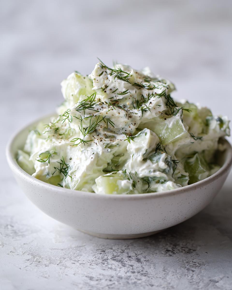 Close-up of a creamy, chunky dill pickle dip topped with fresh dill and black pepper in a small white bowl.