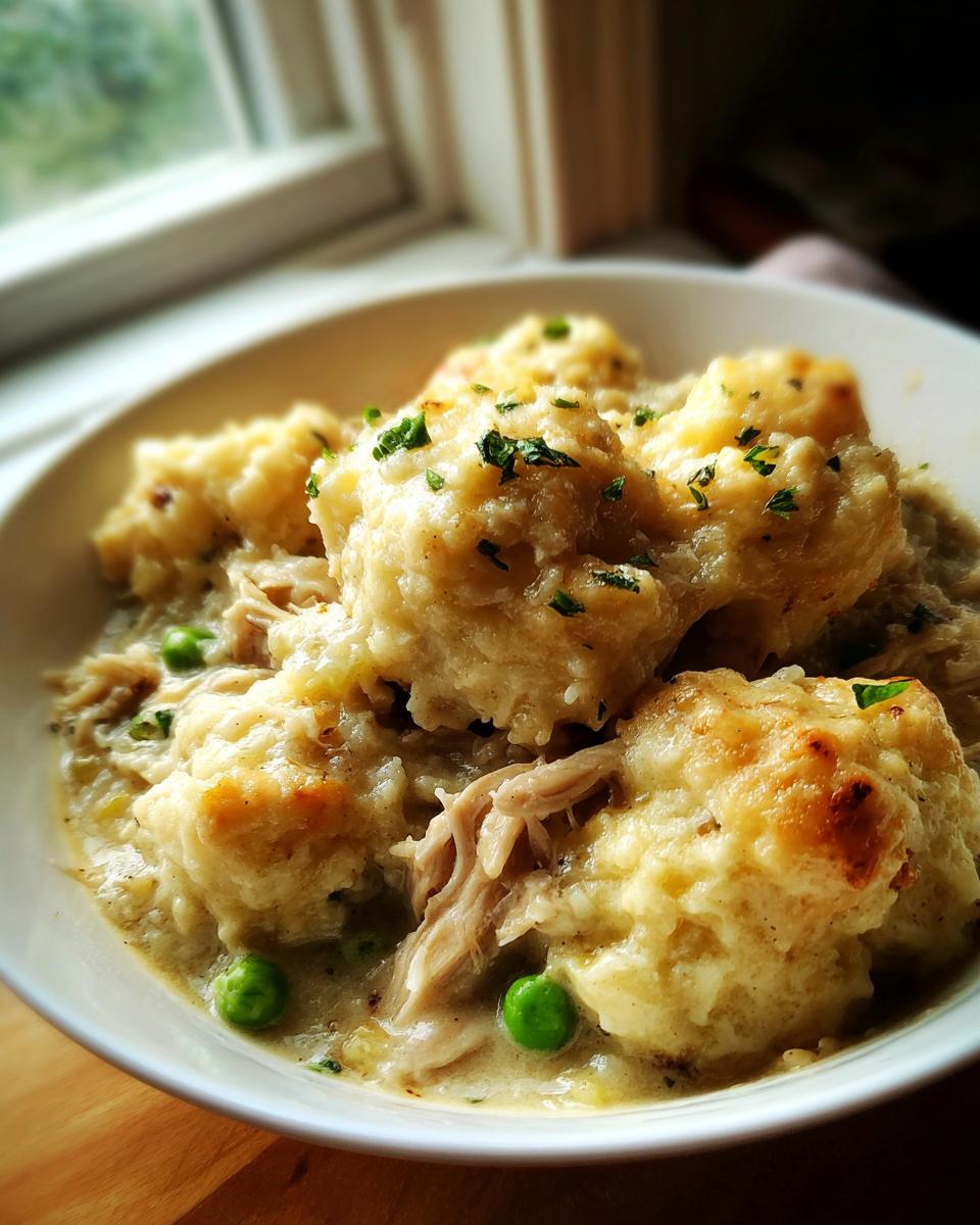 A close-up of creamy gluten free chicken and dumplings topped with parsley, served in a white bowl.