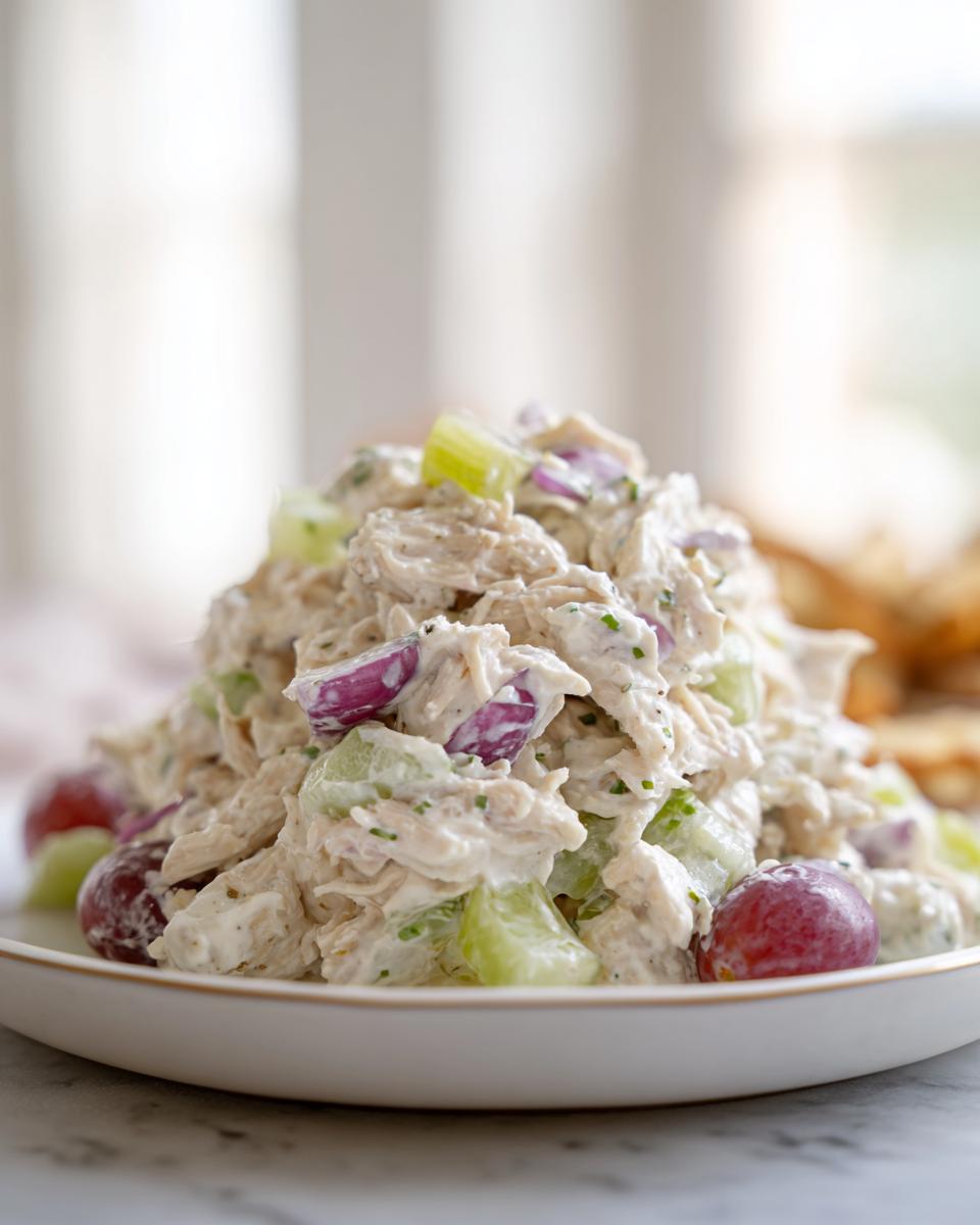 A close-up of a generous serving of greek yogurt chicken salad mixed with celery, red onion, and red grapes on a white plate.