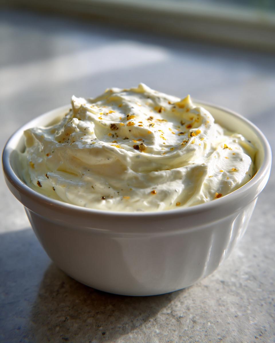 A close-up of thick, white creamy horseradish sauce topped with spices in a small white ramekin.